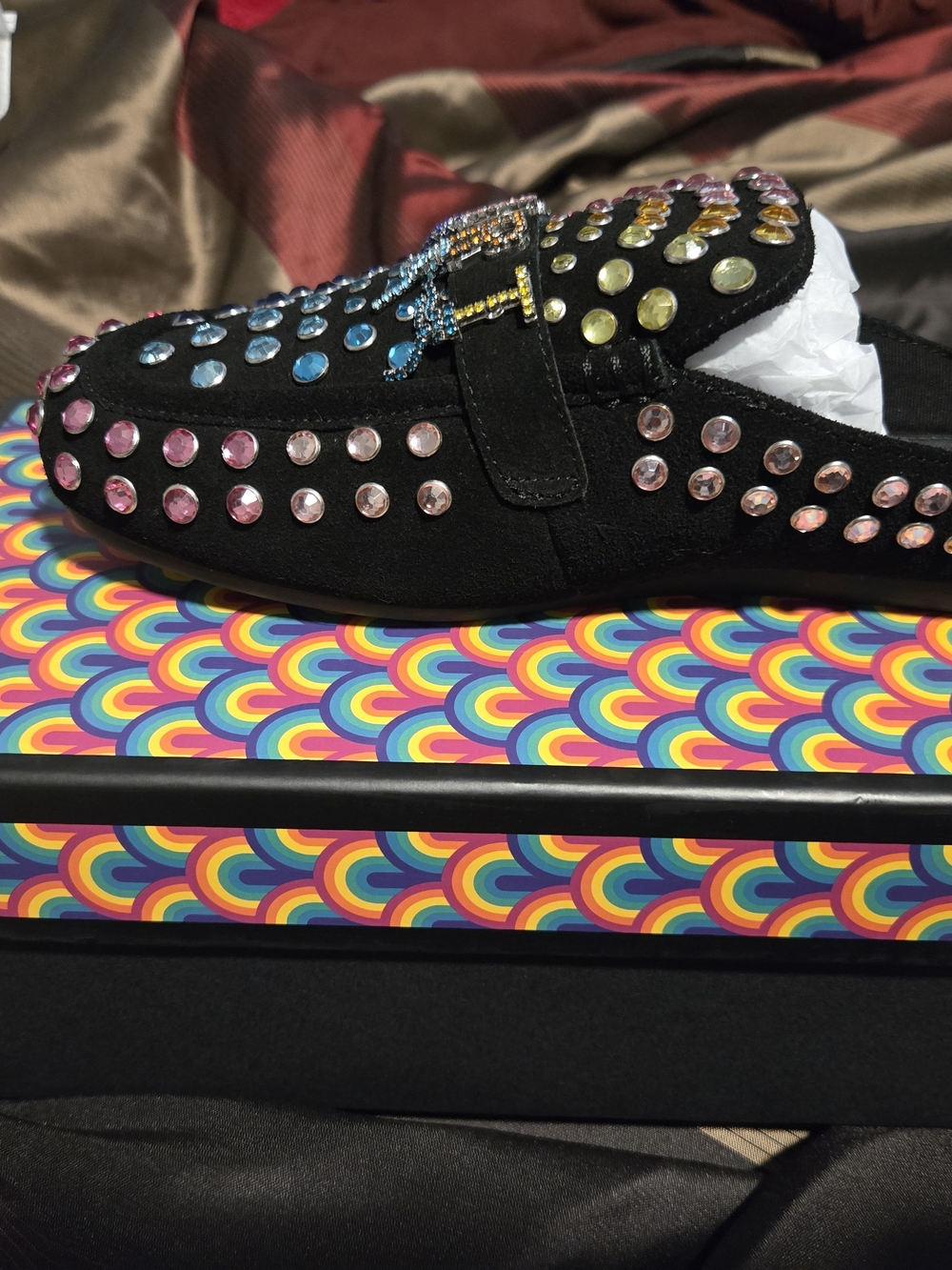 Kurt Geiger Black Loafers with Pink Crystal Accents
